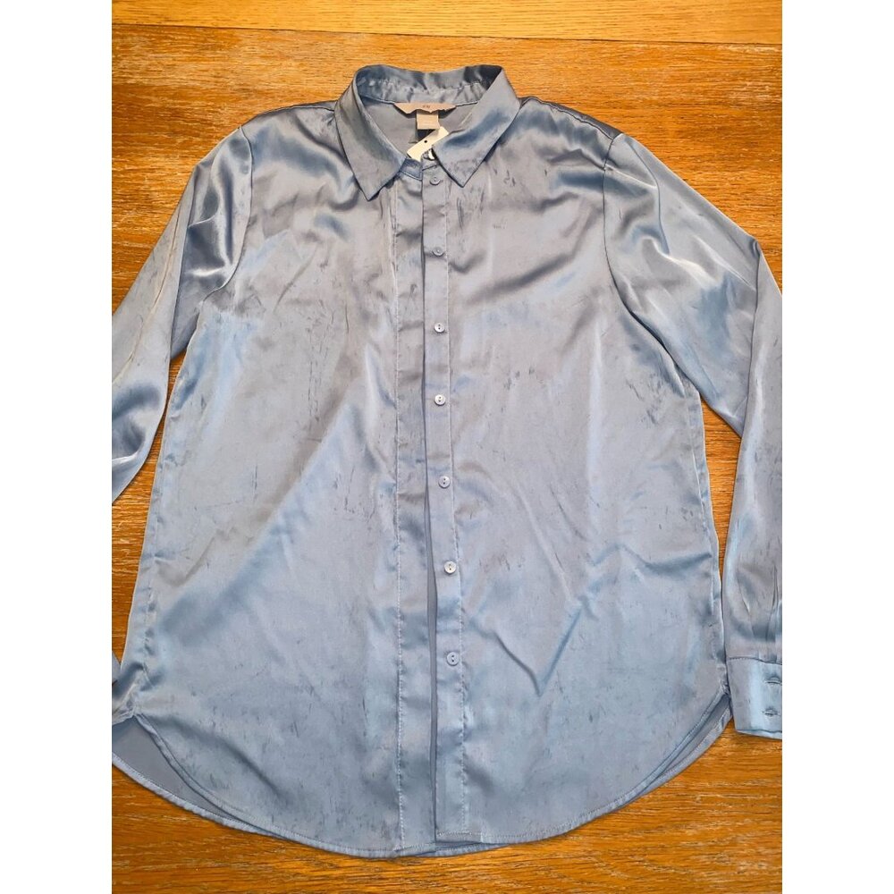 H&M Womens Satin Button-Up Shirt Blue Long Sleeve
